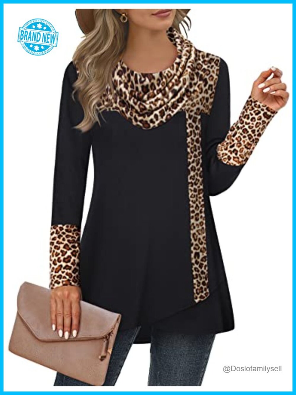 Furnex Women's Long Sleeve Cowl Neck Tunic Top Pullover